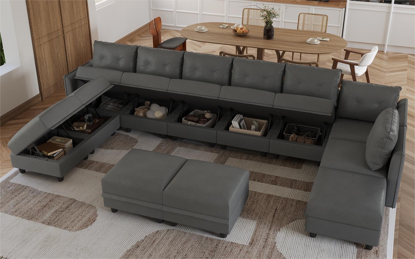 LLappuil Oversized Modular Sectional Sofa with Storage, U Shaped Sectional with Ottomans, 12 Seater Sleeper Couch for Living Room, Faux Leather Fabric Waterproof Sofa, 163 Inch Width, Dark Grey