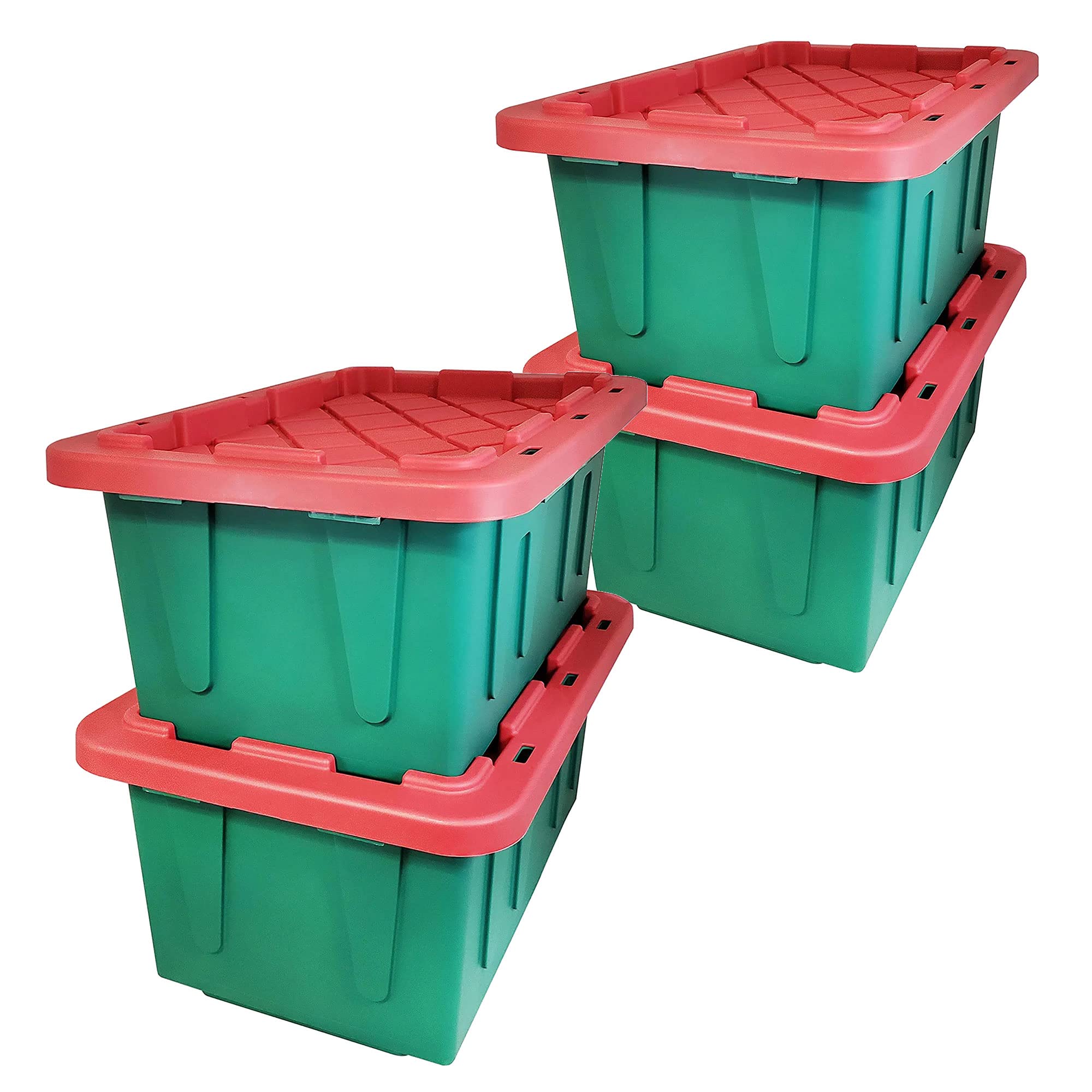 HOMZ Durabilt 15-Gallon Holiday Storage Bins with Lids, Heavy-Duty Stackable Holiday Totes Storage with Snap-fit Lids, Green Base and Red Lid, 4 Pack