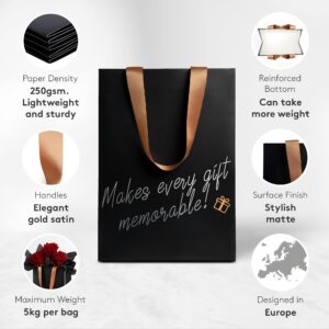 Anavego 6 First-Class Black Gift Bags with Metallic Markers for Personalization & Tissue Paper. Medium Size 8x10″. Matte & Sturdy. Handles from Gold Satin. Birthday Bags Set for Women & Men