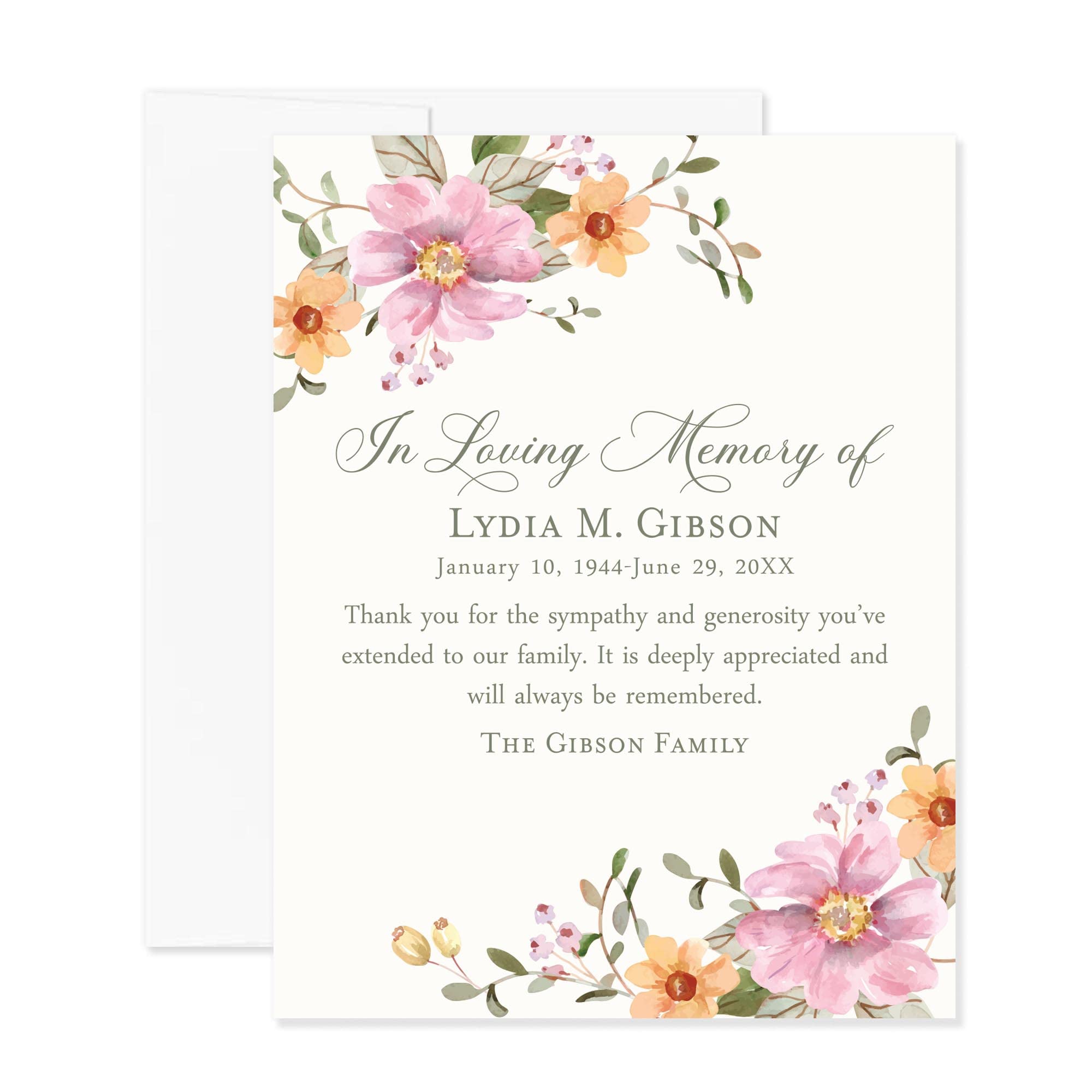 Hello Love Goods Soft Pink and Orange Floral Sympathy Thank You Cards, 4.25x5.5 Flat Personalized Funeral Thank You Cards with Envelopes