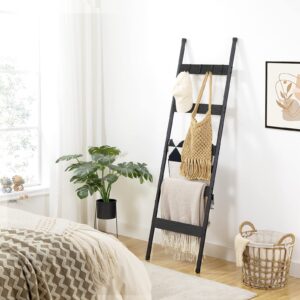 HOOBRO Blanket Ladder, 5-Tier Towel Rack with Hooks, Wall-Leaning Blanket Rack, Decorative Display Ladder Shelf, Scarves, Industrial, Living Room, Bedroom, Black BB52CJ01