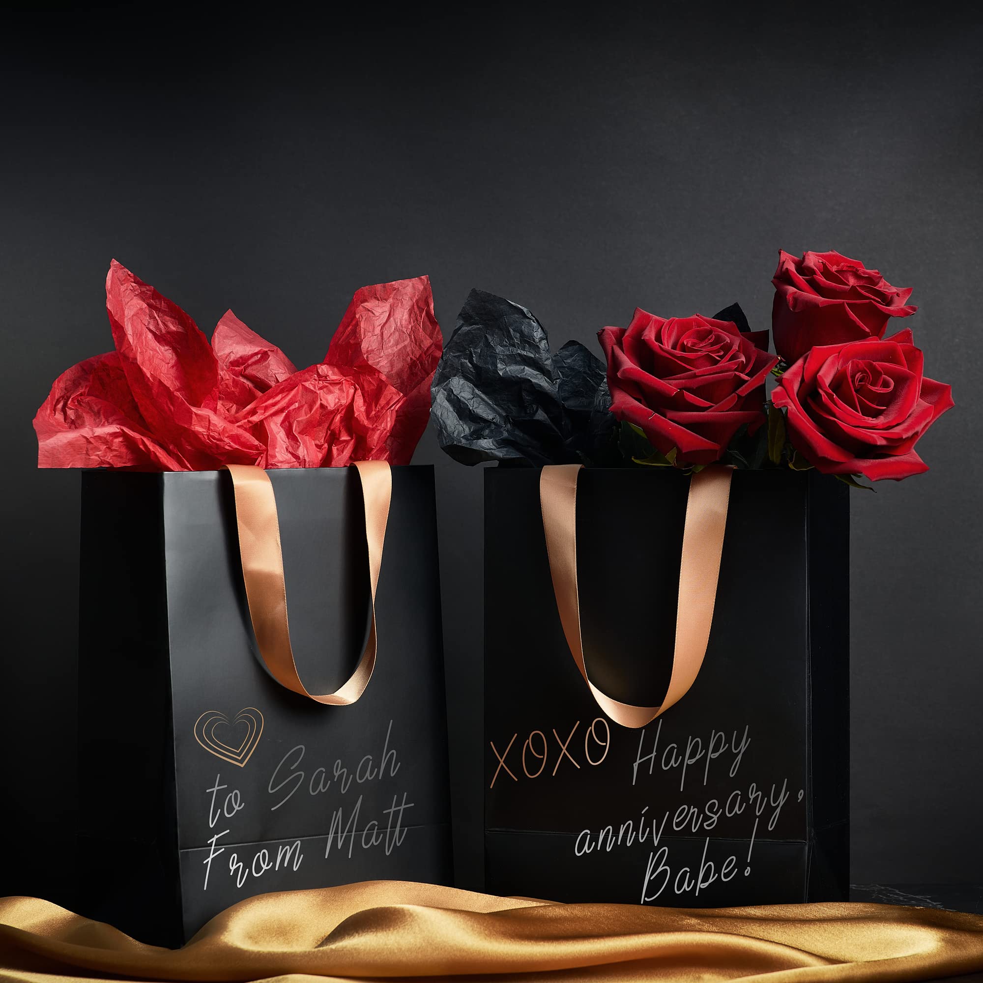 Anavego 6 First-Class Black Gift Bags with Metallic Markers for Personalization & Tissue Paper. Medium Size 8x10″. Matte & Sturdy. Handles from Gold Satin. Birthday Bags Set for Women & Men