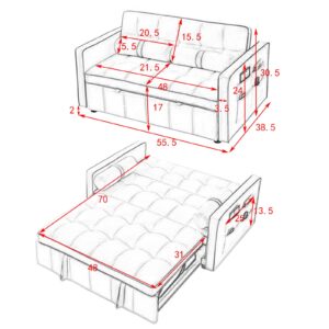 Convertible Sofa Bed,55"Sleeper Bed Modern Velvet Loveseat Futon Sofa Couch with Adjsutable Back and Arm Pockets,Small Spaces Pull Out Sleeper Sofa with 2 Lumbar Pillows for Living Room(Grey)