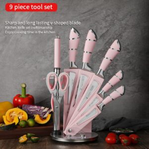 Kitchen Knife Set, 9-Piece Pink Kitchen Knife Set with Acrylic Block, Non Stick Sharp High Carbon Stainless Steel Knife Set for Kitchen Cutting Meat Slicing Chopping Kitchen Gifts for Women (Pink)