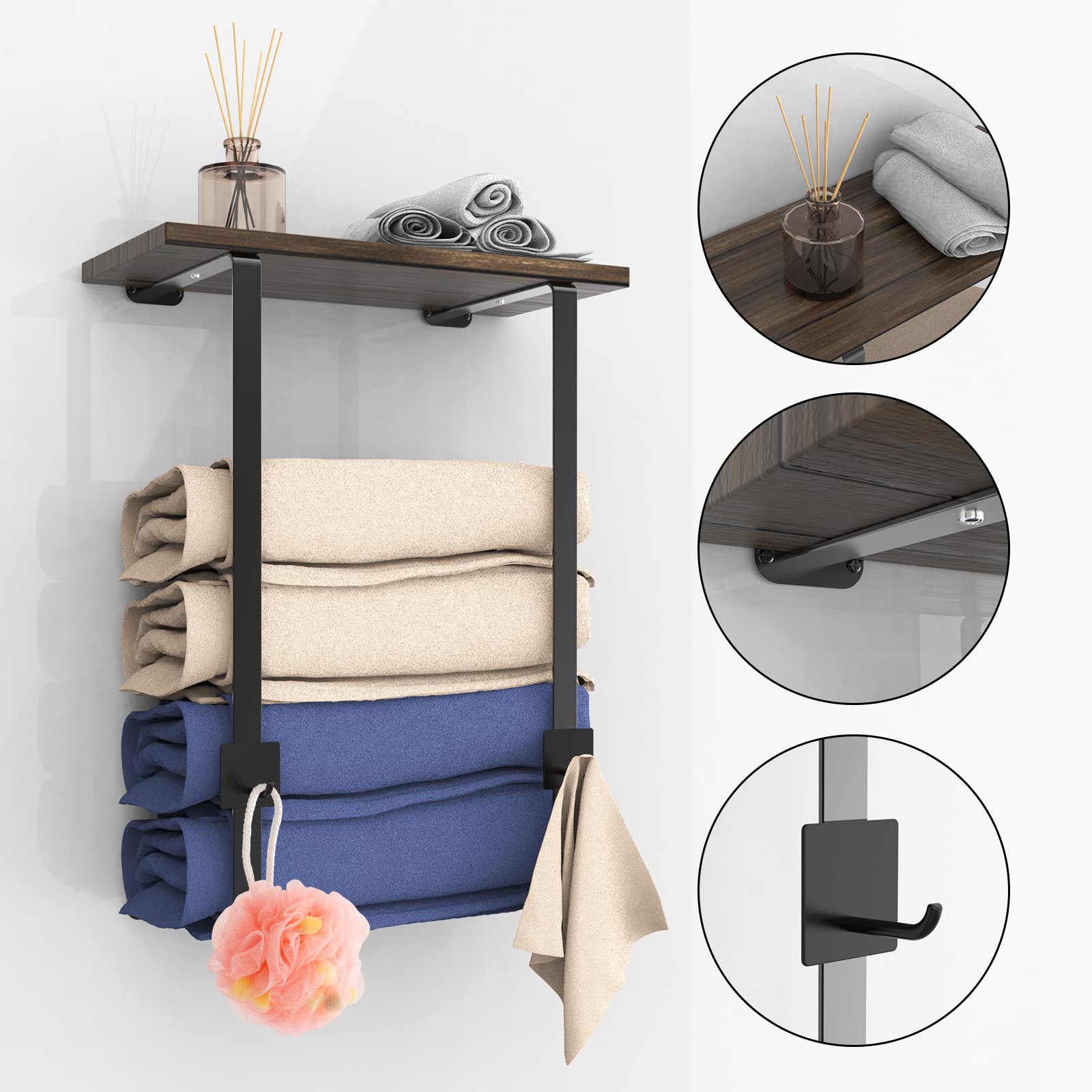 Towel Racks Wall Mounted for Bathroom Decor,Bathroom Rolled Towel Holder with Wooden Shelf,Metal Towels Organizer with 2 Black Adhesive Hooks,Simplicity Bathroom Storage