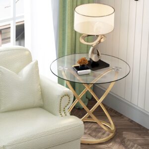 OIOG Gold End Table, Glass End Table for Living Room, Round Side Table with Storage, Modern Accent Table for Small Space, Nightstand for Bedroom