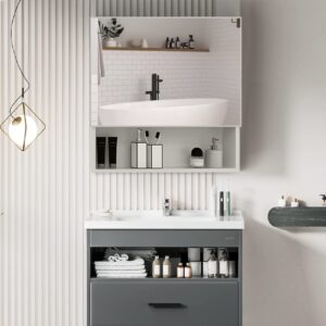 YEPOTUE Bathroom Wall Cabinet 23.6 "x19.6 Mirrored Medicine Cabinets Organizer, Over The Toilet Space Saver Storage Cabinet Aluminum, Water, Rust Resistant, Recess or Surface Mount