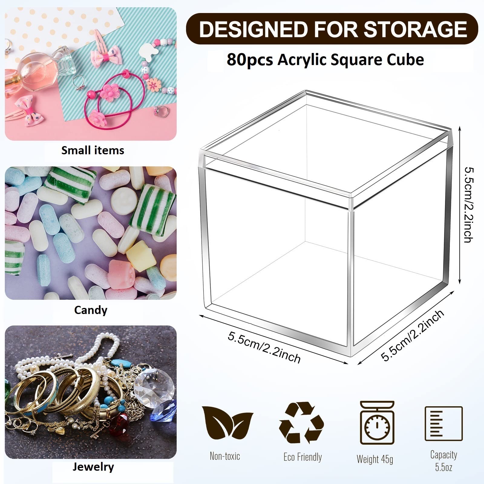 Tuanse 80 Pcs Acrylic Box with Lid Clear Small Acrylic Box Plastic Square Cube with Lid Mini Acrylic Containers Display Box 2.2 x 2.2 x 2.2 Inch for Candy Pill Tiny Jewelry Toys Gifts