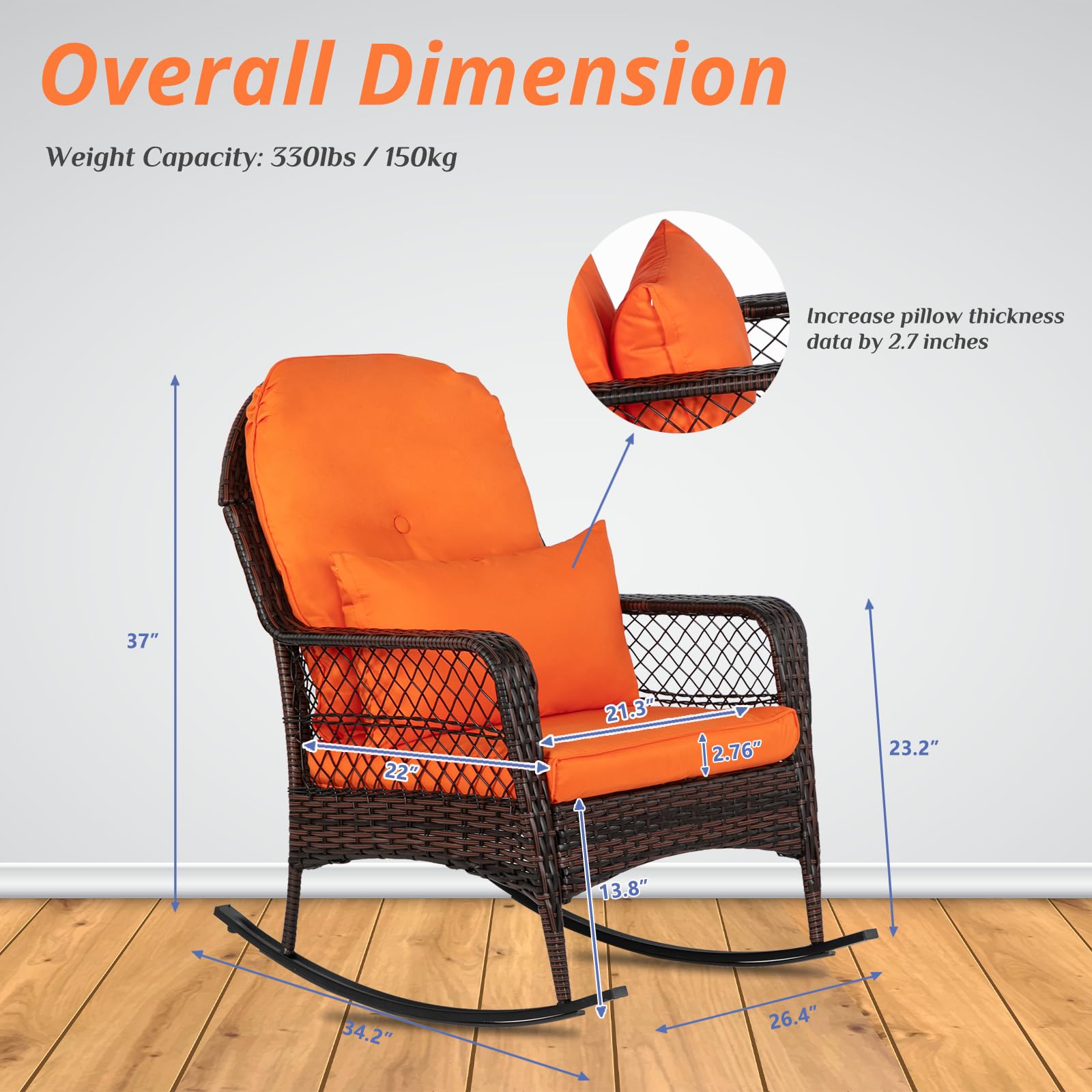 Outvita Rocking Chair, Outdoor PE Rattan Rocking Chair with Soft Orange Cushion and Pillow for Patio, Porch, Poolside, Living Room