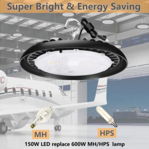 2Pack 150W LED High Bay Light Fixture for Warehouse, 120V 5000K Daylight, 19500LM (600W-800W HPS/MH Eqv.), UFO LED Highbay Lights with US Plug 6FT Cable, UL IP65 Commercial Bay Lighting,Non-Dim