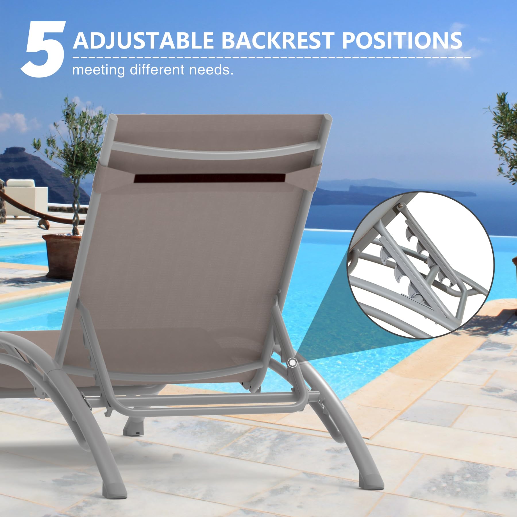 Domi Pool Lounge Chairs Set of 3,Aluminum Adjustable Outdoor Chaise Lounge with Side Table,All Weather Poolside Chairs for Deck Lawn Poolside, Textilene (Khaki)