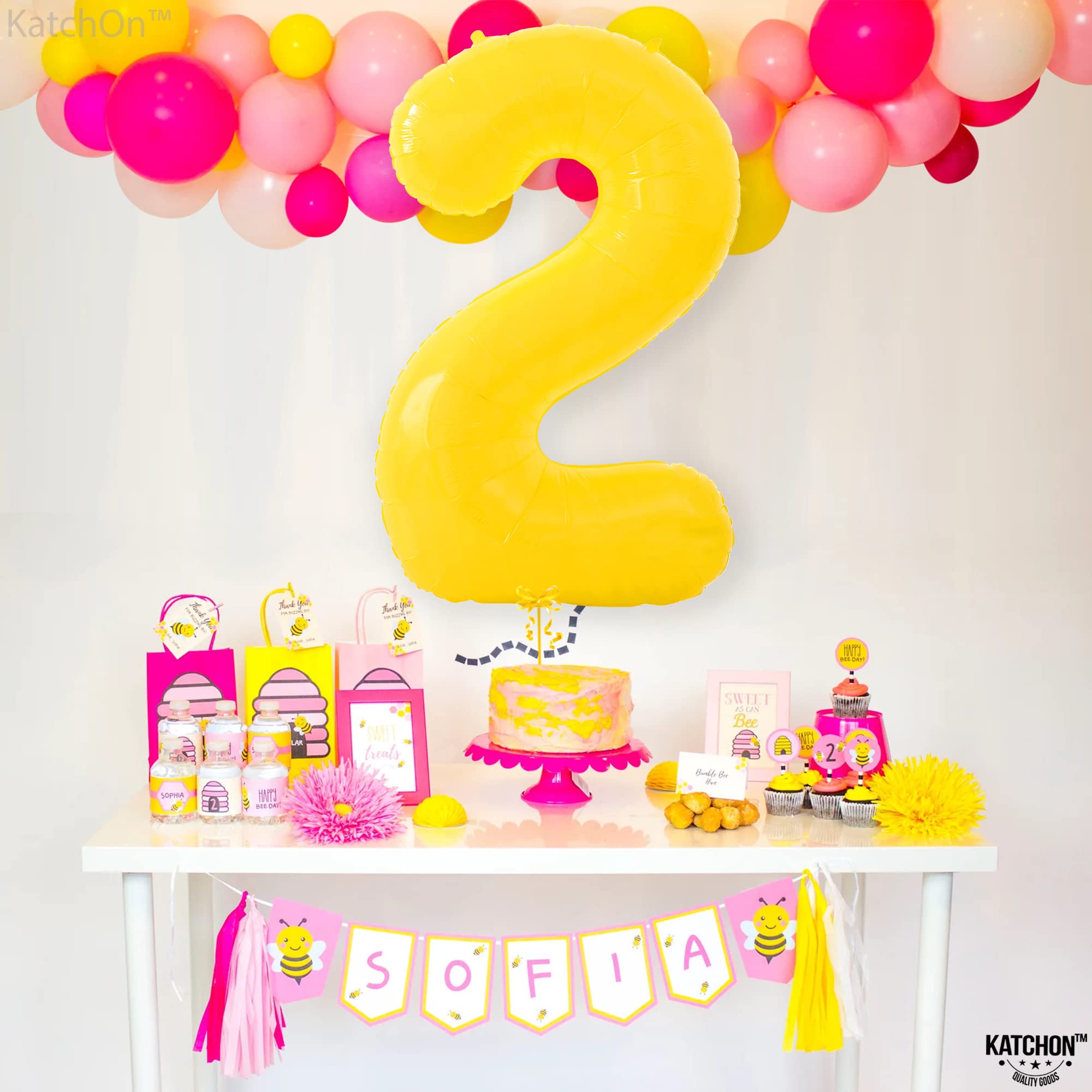 KatchOn, Giant Yellow 2 Balloon Number - 40 Inch | Two Birthday Balloon for 2nd Birthday Decorations | 2 Year Old Balloon, Party Decorations | Number 2 Balloon Yellow, 2nd Bee Day Party Decorations