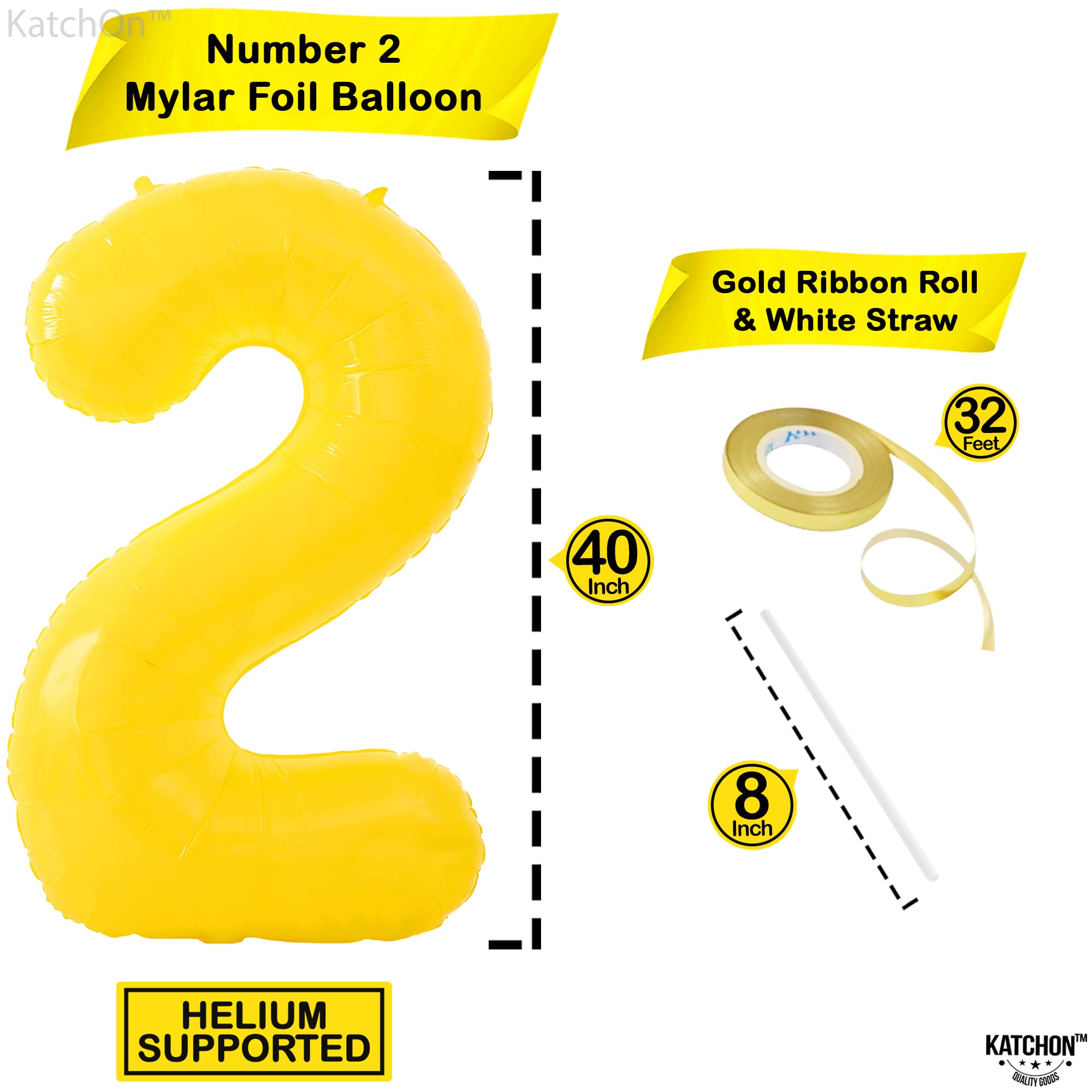 KatchOn, Giant Yellow 2 Balloon Number - 40 Inch | Two Birthday Balloon for 2nd Birthday Decorations | 2 Year Old Balloon, Party Decorations | Number 2 Balloon Yellow, 2nd Bee Day Party Decorations