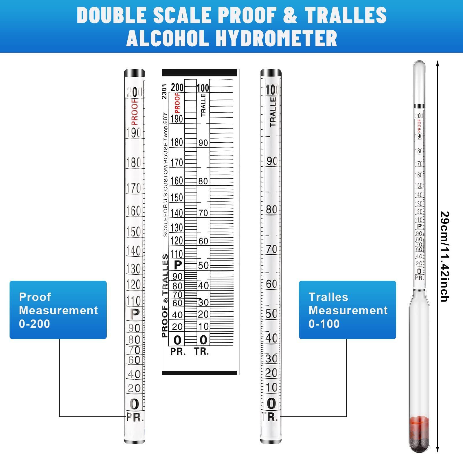 2 Pcs Glass Hydrometer, Alcoholmeter 0-200 Proof and 0-100 Tralle, Alcohol Tester, Hydrometer Glass Alcohol Measuring Device for Distilling Moonshine Brewing Wine Measure Alcohol Content