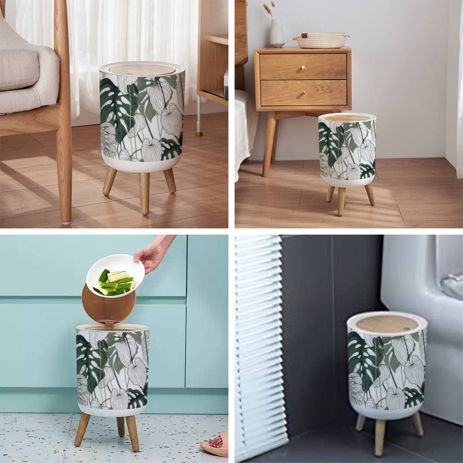 Small Trash Can with Lid for Bathroom Kitchen Office Diaper Floral seamless green black white split leaf Philodendron plant vines Bedroom Garbage Trash Bin Dog Proof Waste Basket Cute Decorative