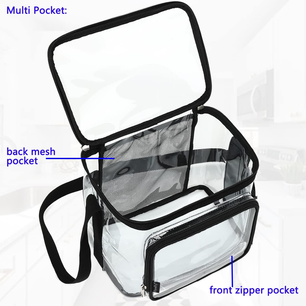 FlowFly Clear Lunch Bag Adult Large Heavy Duty Transparent Stadium Approved Lunch Box for Women and Men with Adjustable Shoulder Strap, Front Zipper Pocket, Clear