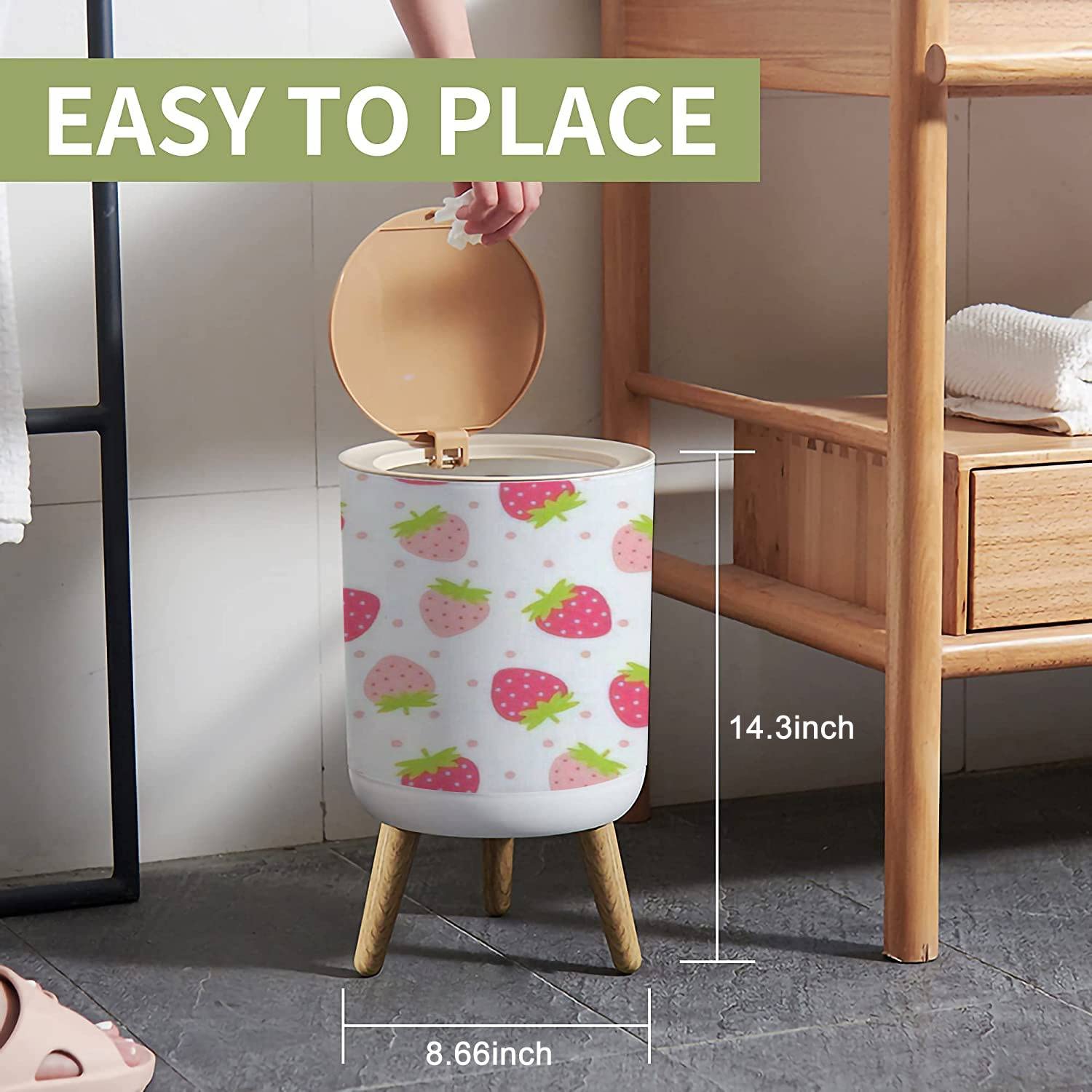 Small Trash Can with Lid for Bathroom Kitchen Office Diaper Fruit Cute fresh strawberry pink polka dot isolated white Design for Bedroom Garbage Trash Bin Dog Proof Waste Basket Cute Decorative