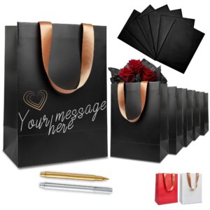 anavego 6 first-class black gift bags with metallic markers for personalization & tissue paper. medium size 8x10″. matte & sturdy. handles from gold satin. birthday bags set for women & men