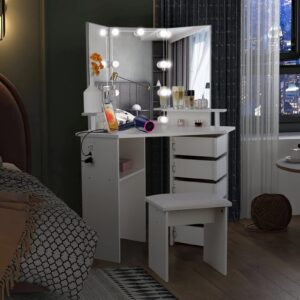 VOWNER Vanity with Lights - Makeup Vanity Desk with Power Outlet, 3 Color Lighting Options Brightness Adjustable, Vanity Table with 5 Rotating Drawers, Shelves and Stool for Bedroom, White