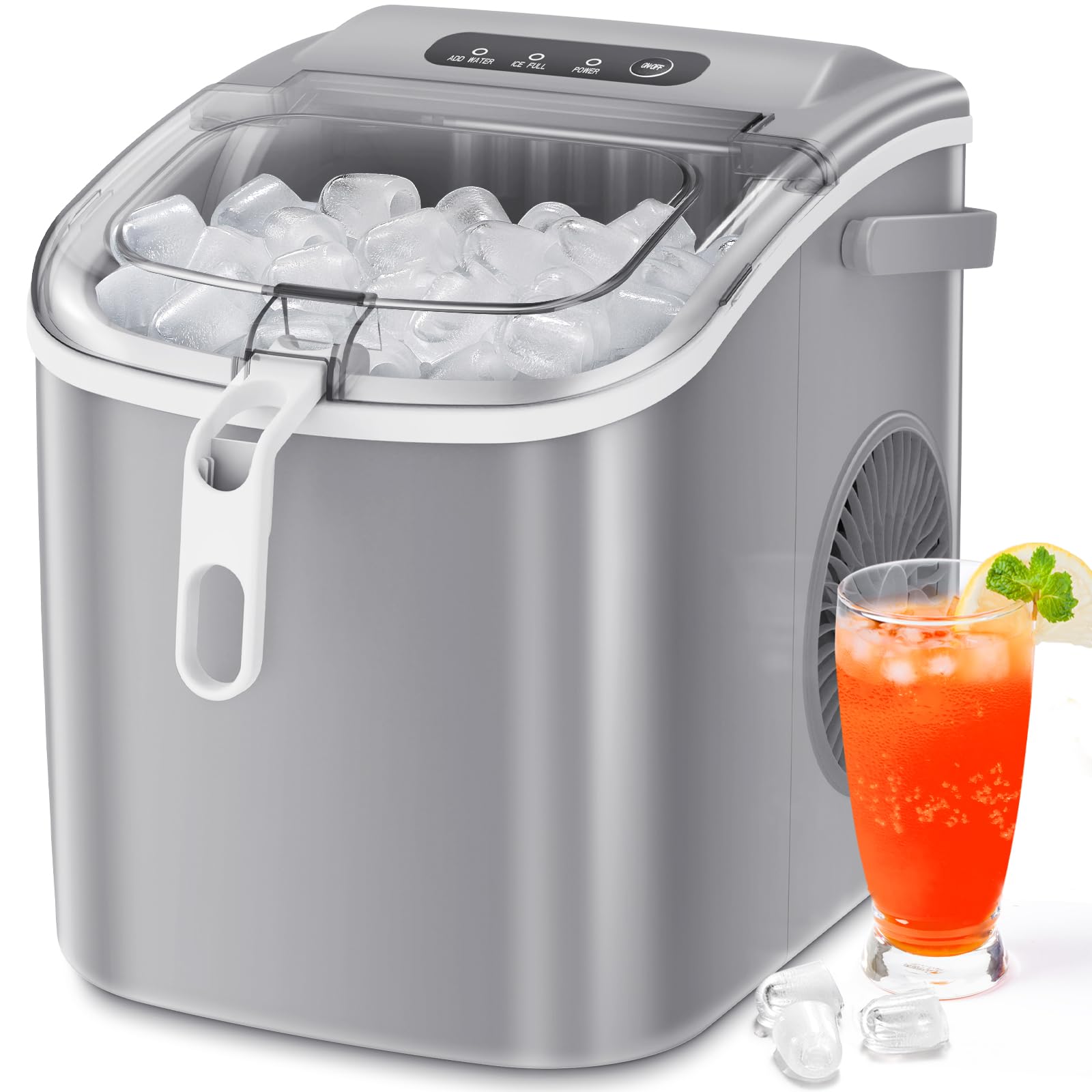 Xbeauty Countertop Ice Maker Machine 6-Minute Fast Bullet Ice Simple Handle Automatic Cleaning Suitable for Household Small Student Dormitory and Bar Party-Grey,26LBS