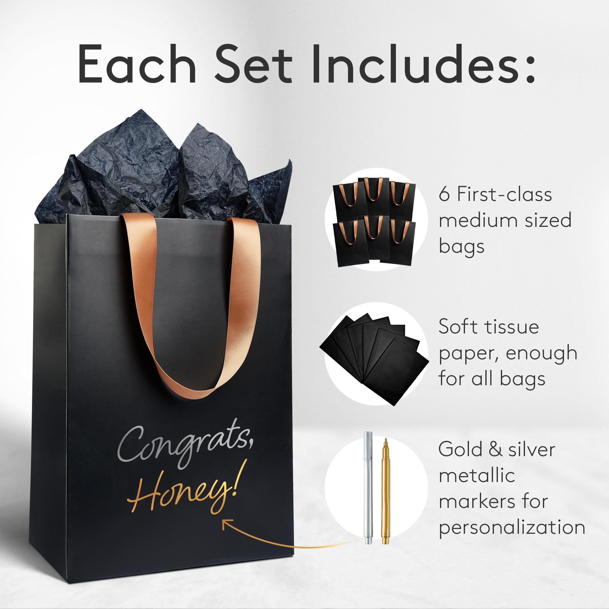 Anavego 6 First-Class Black Gift Bags with Metallic Markers for Personalization & Tissue Paper. Medium Size 8x10″. Matte & Sturdy. Handles from Gold Satin. Birthday Bags Set for Women & Men