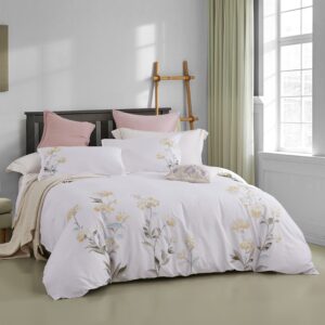 Melange Home Cotton Floral Embroidery Duvet Set, King, Blue Stitching on White