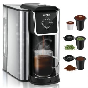 sifene single serve coffee maker, 3-in-1 quick brew for coffee pods, ground coffee, & loose tea, 6-12oz cup sizes, 50oz removable water tank, 1150w, compact, black