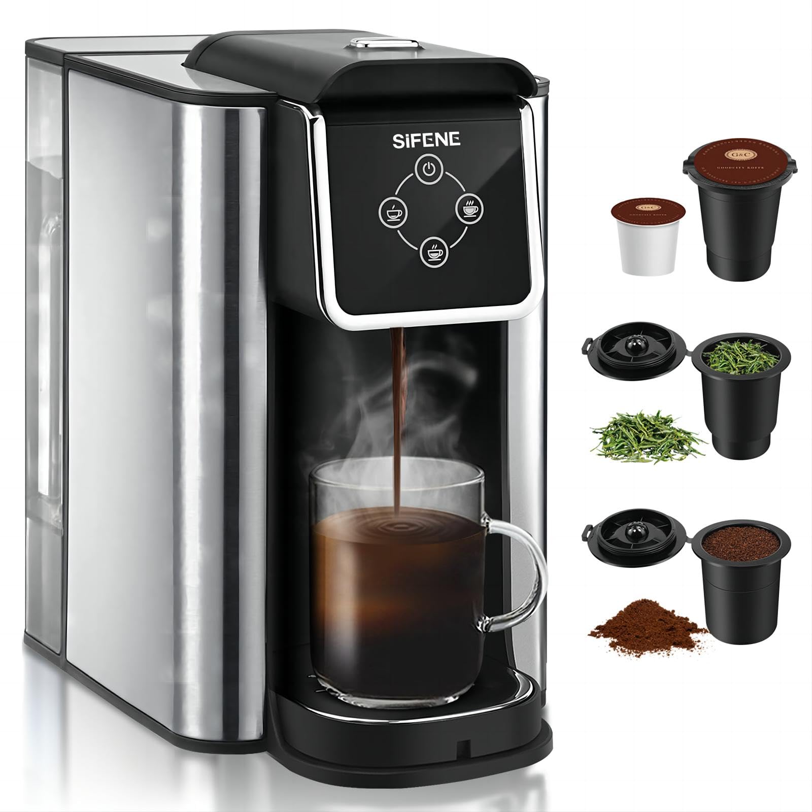 SIFENE Single Serve Coffee Maker, 3-in-1 Quick Brew for Coffee Pods, Ground Coffee, & Loose Tea, 6-12oz Cup Sizes, 50oz Removable Water Tank, 1150W, Compact, Black