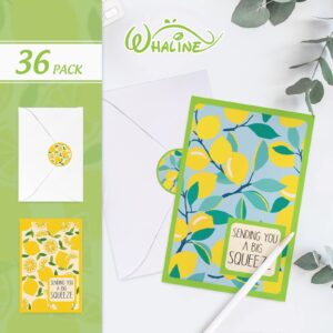 Whaline 36 Pack Lemon Greeting Cards Bulk Sending You A Big Squeeze Note Cards with Envelopes Matching Seal Stickers 6 Color Blank Cards for Spring Summer Bridal Baby Shower Birthday Party