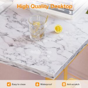 ODK Computer Desk Large Office Desk, 48 Inch Writing Desk with Storage, Modern PC Desk Work Table with Headphone Hook for Home Office, White Marble + Gold Leg