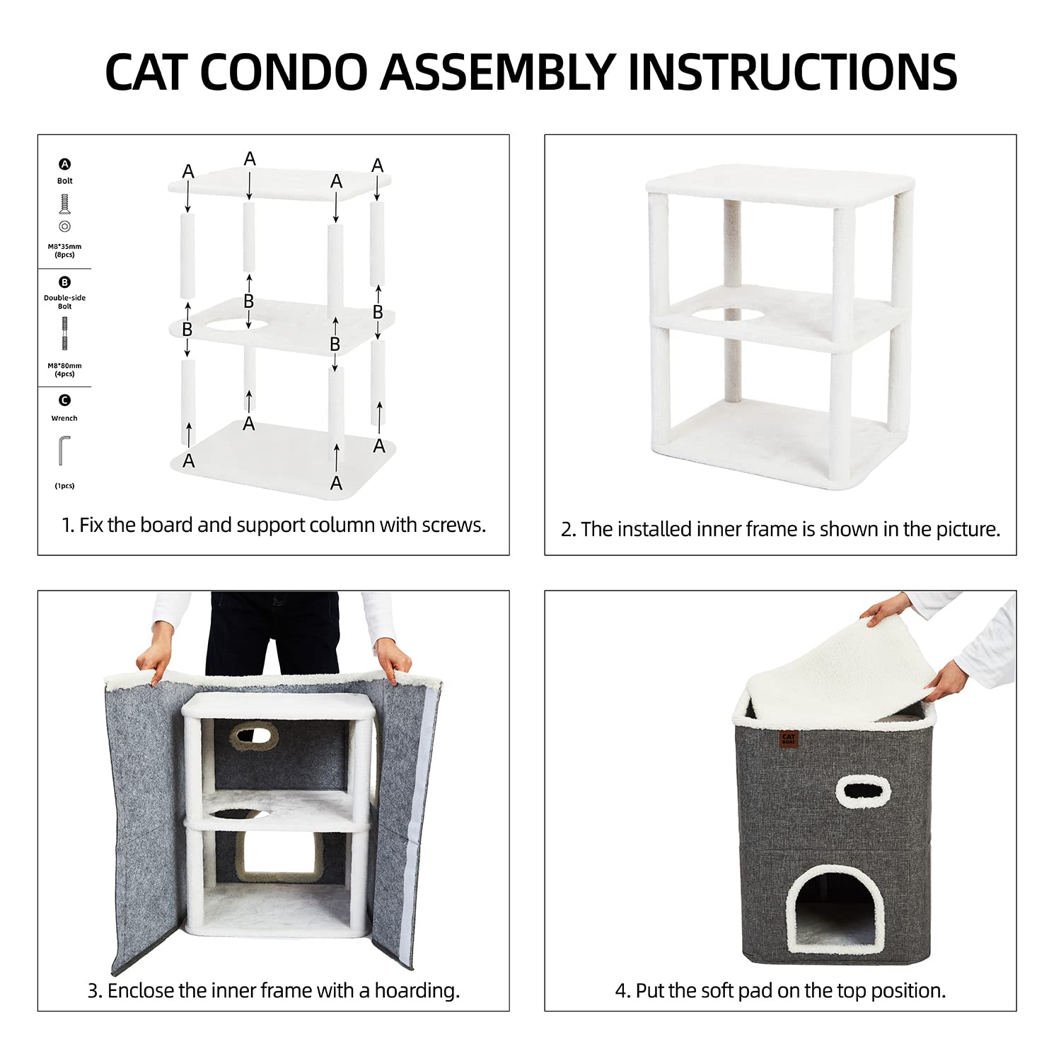 CATBOAT 2-Storey Cat House for Indoor Cats Bed, Covered Cat Beds & Furniture with Scratch Pad and Hideaway Cave, Cute Modern Cat Condo for Multi Small Pet Large Kitten Kitty, Grey