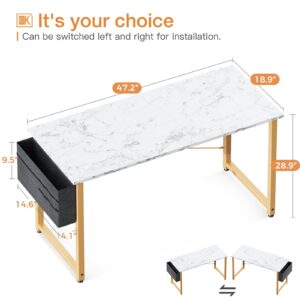 ODK Computer Desk Large Office Desk, 48 Inch Writing Desk with Storage, Modern PC Desk Work Table with Headphone Hook for Home Office, White Marble + Gold Leg