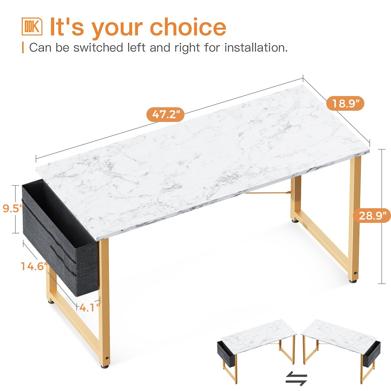 ODK Computer Desk Large Office Desk, 48 Inch Writing Desk with Storage, Modern PC Desk Work Table with Headphone Hook for Home Office, White Marble + Gold Leg