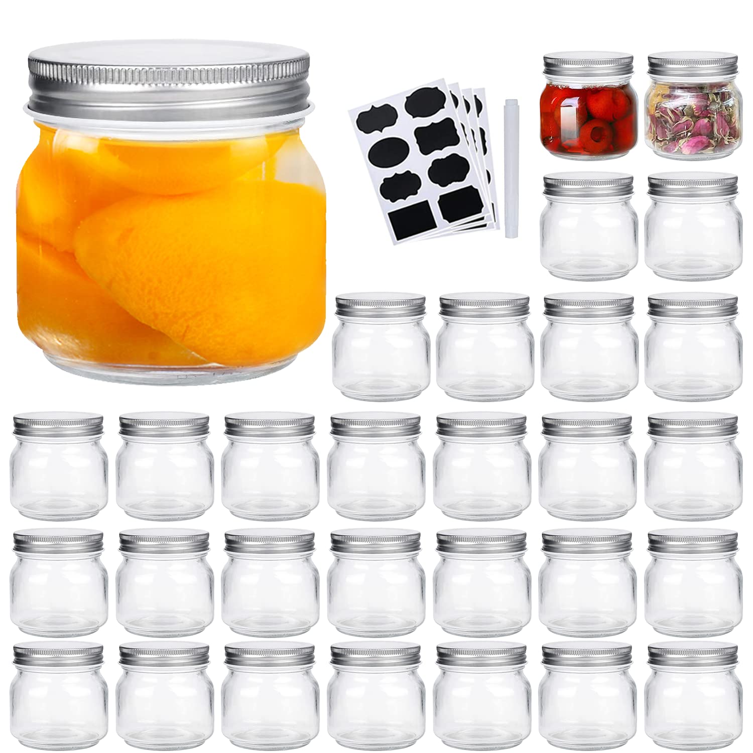 QAPPDA Mason Jars, Glass Jars With Lids 8 oz,Canning Jars For Pickles And Kitchen Storage,Wide Mouth Spice Jars With Silver Lids For Honey,Caviar,Herb,Jelly,Jams,Set of 30