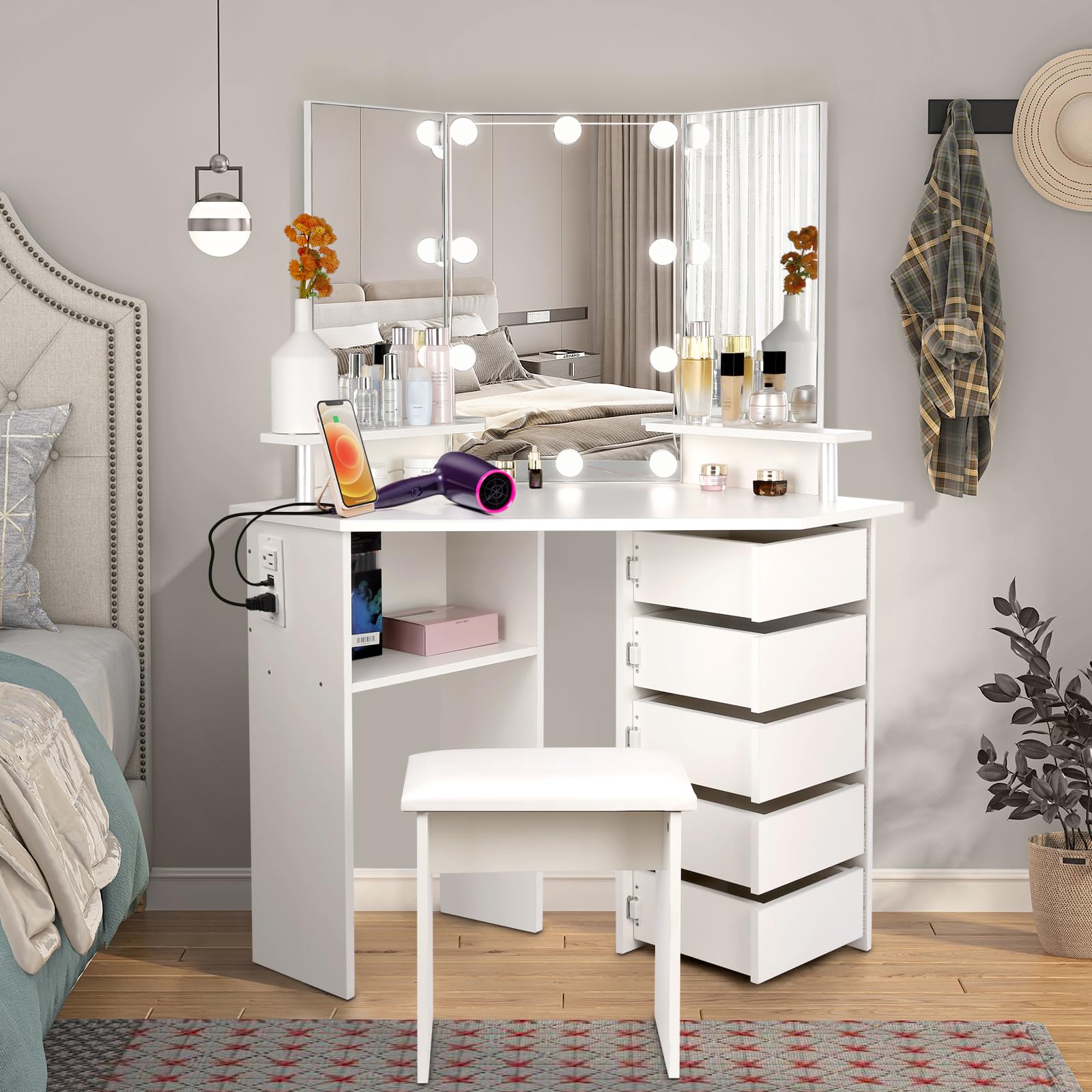 VOWNER Vanity with Lights - Makeup Vanity Desk with Power Outlet, 3 Color Lighting Options Brightness Adjustable, Vanity Table with 5 Rotating Drawers, Shelves and Stool for Bedroom, White