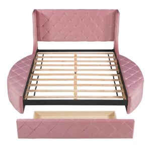 SOFTSEA Queen Size Velvet Platform Bed Frame with Storage, Upholstered Tufted Bed Frame with Wingback Headboard, 1 Big Drawer and 2 Side Storage Stool, Easy Assembly, Pink