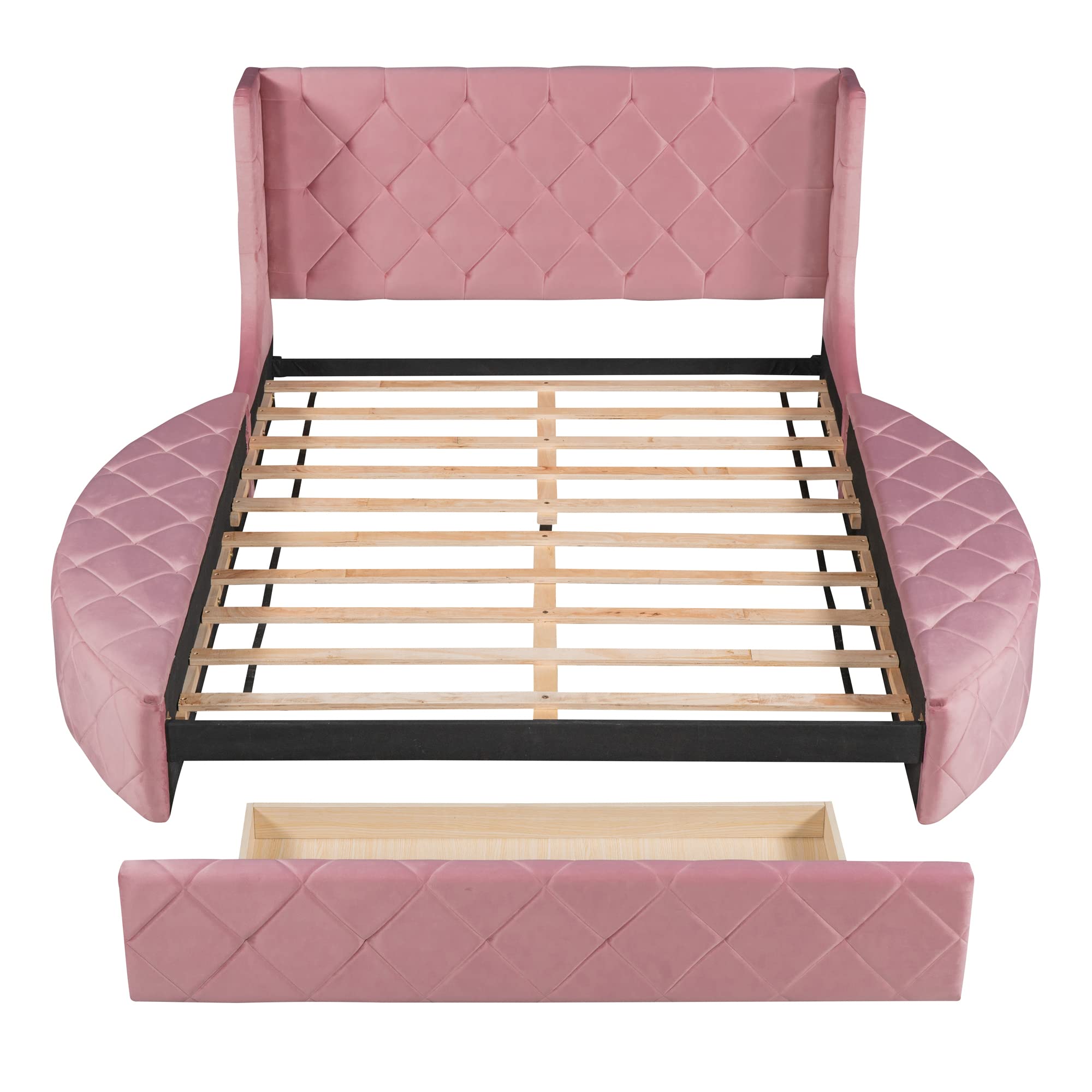 SOFTSEA Queen Size Velvet Platform Bed Frame with Storage, Upholstered Tufted Bed Frame with Wingback Headboard, 1 Big Drawer and 2 Side Storage Stool, Easy Assembly, Pink