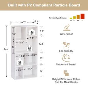 VECELO 42 Inch High Bookcase, 4-Tier Modern Storage Cabinet with Height Difference Shelves for Standard Textbooks, Floor Standing, 7 Cubes, Horizontal Available, Easy Assembly, Pearl White