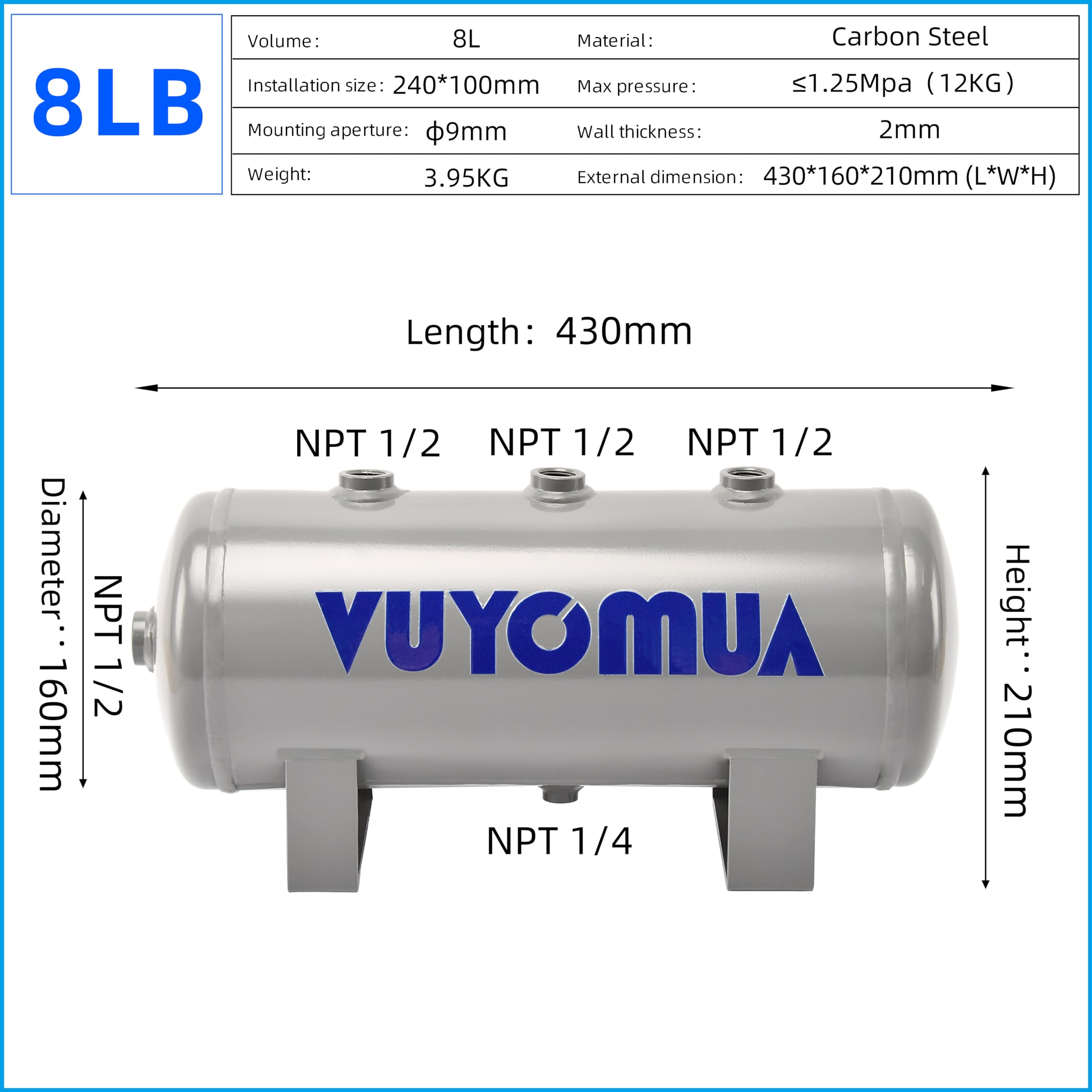 VUYOMUA Carbon Steel High Pressure Mini Small Portable Air Tank Air Reservoir Storage Tank (8LB)