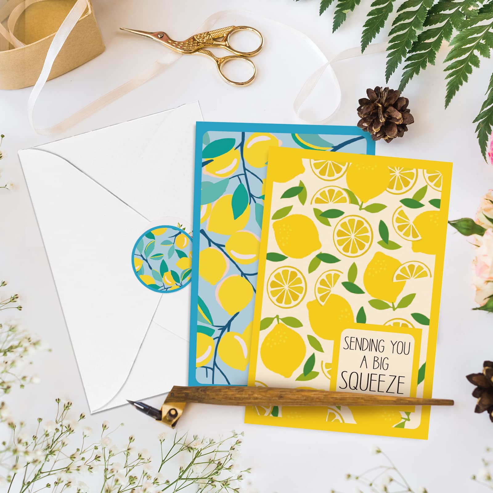 Whaline 36 Pack Lemon Greeting Cards Bulk Sending You A Big Squeeze Note Cards with Envelopes Matching Seal Stickers 6 Color Blank Cards for Spring Summer Bridal Baby Shower Birthday Party