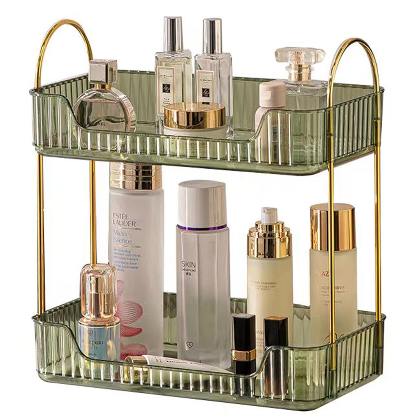 shuang qing Bathroom Counter Organizer Countertop Storage, Cosmetics Skincare Shelf Organizer, Makeup Organizer Perfume for Dresser Vanity Tray, Spice Rack Organizer for Kitchen(2 Tier-Green)