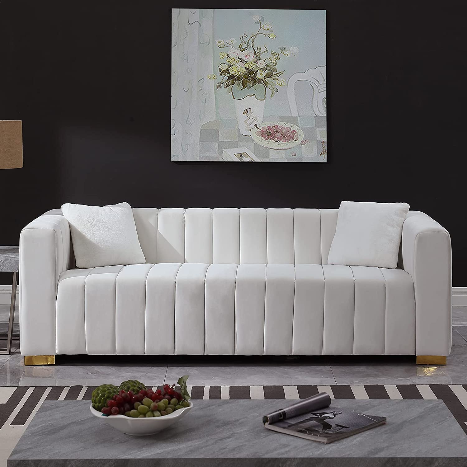 JURMALYN White Sectional Sofa Couch for Living Room 3 Seater Chesterfield Sofa Velvet Sofa Couch with Strong Gold Metal Legs for Bedroom Living Room Furniture 87"