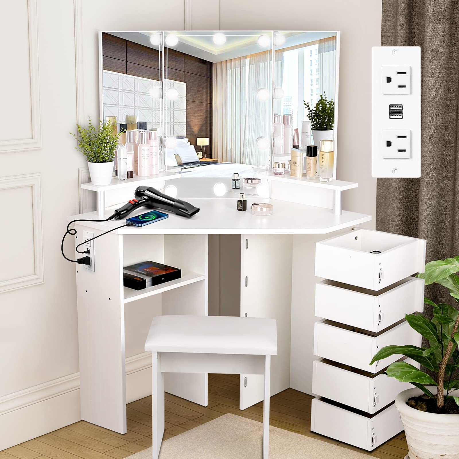 VOWNER Vanity with Lights - Makeup Vanity Desk with Power Outlet, 3 Color Lighting Options Brightness Adjustable, Vanity Table with 5 Rotating Drawers, Shelves and Stool for Bedroom, White