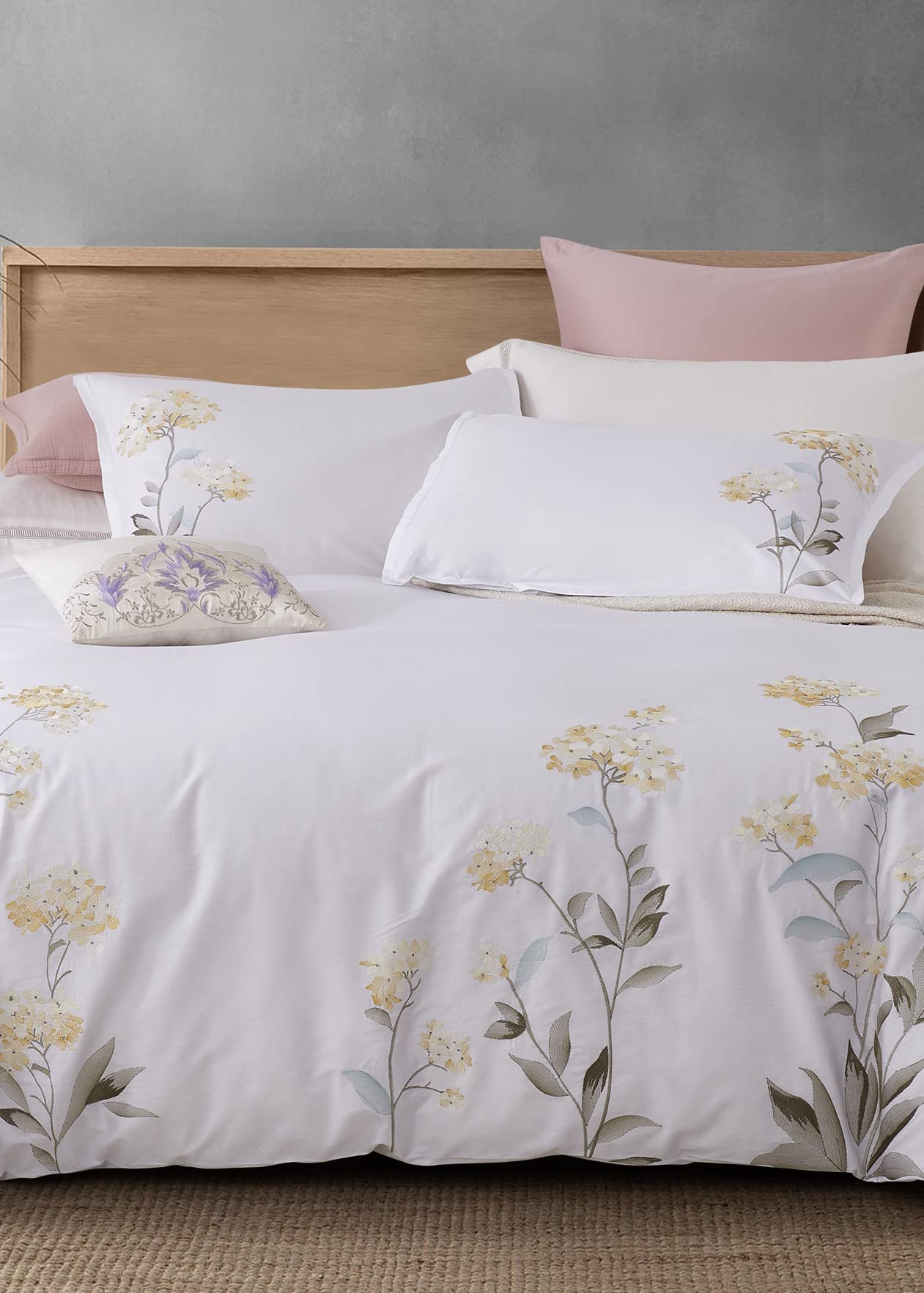 Melange Home Cotton Floral Embroidery Duvet Set, King, Blue Stitching on White