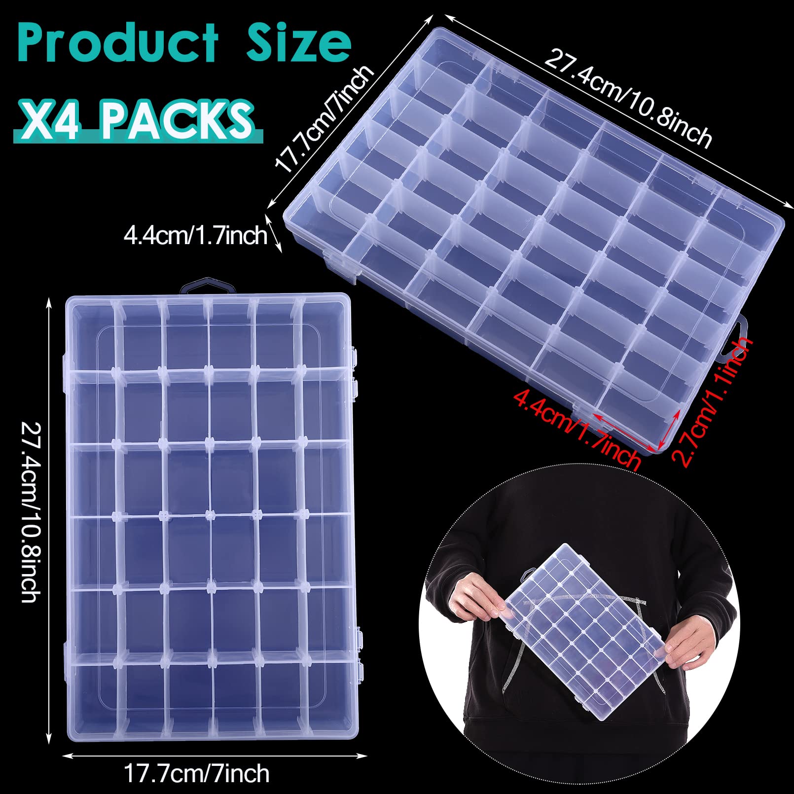 PLMMOUT 4 Pack Clear Plastic Organizer Box,36 Grids Clear Bead Organizer with Adjustable Divider for Bead Art DIY Craft Jewelry Fishing with 512 Label Stickers