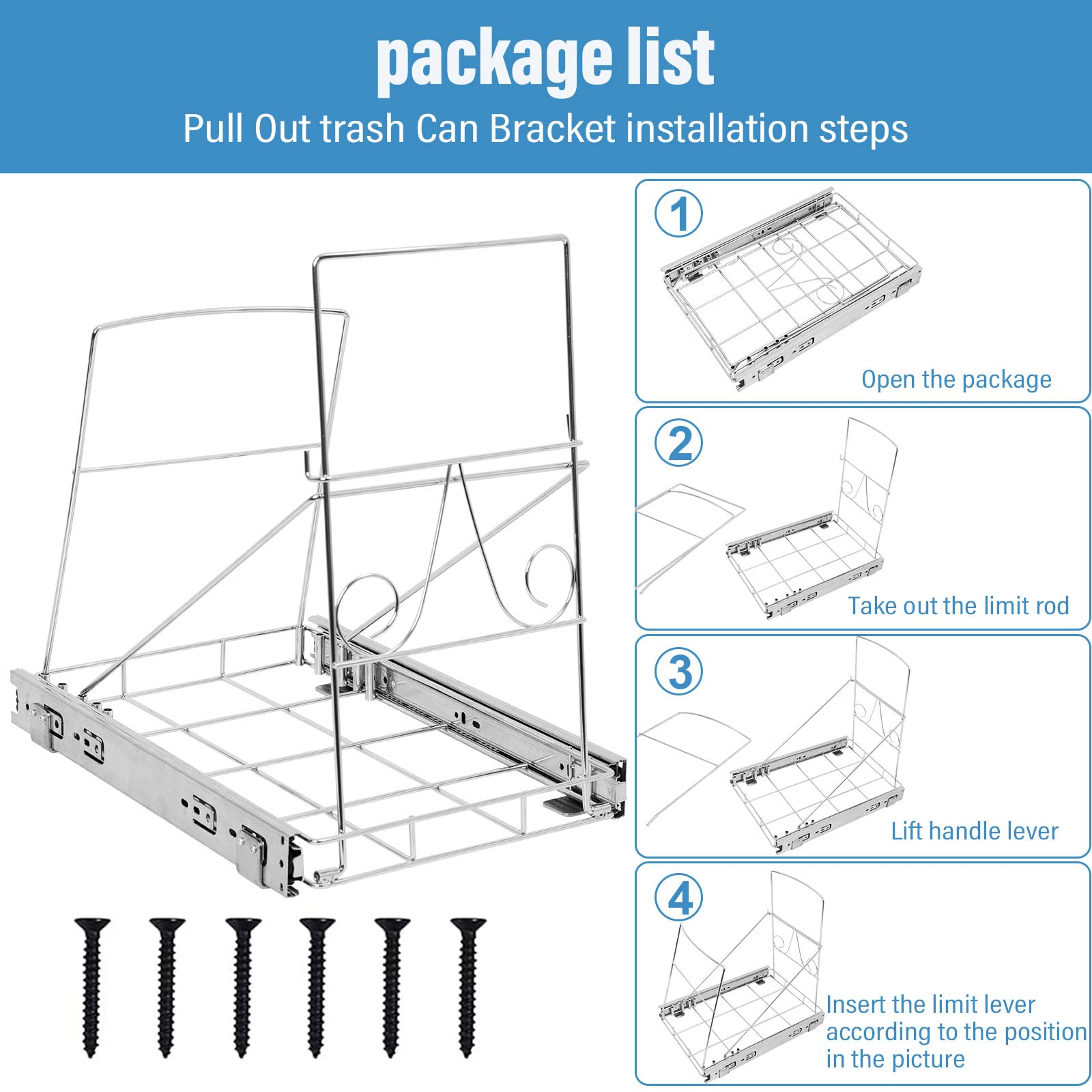 facertuey Pull Out Trash Can Under Cabinet,Cabinet Trash Can Roll-Out Sliding Rack,Adjustable Slide Out Shelf for Waste Can Under Kitchen Sink,Trash Can Not Included