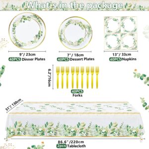 Hegbolke Sage Green Baby Shower Decorations Serve 40-162Pcs Plates Napkins Tablecloth Forks Set for Sage Green Plates and Napkins Party Supplies Eucalyptus Baby Shower Decorations