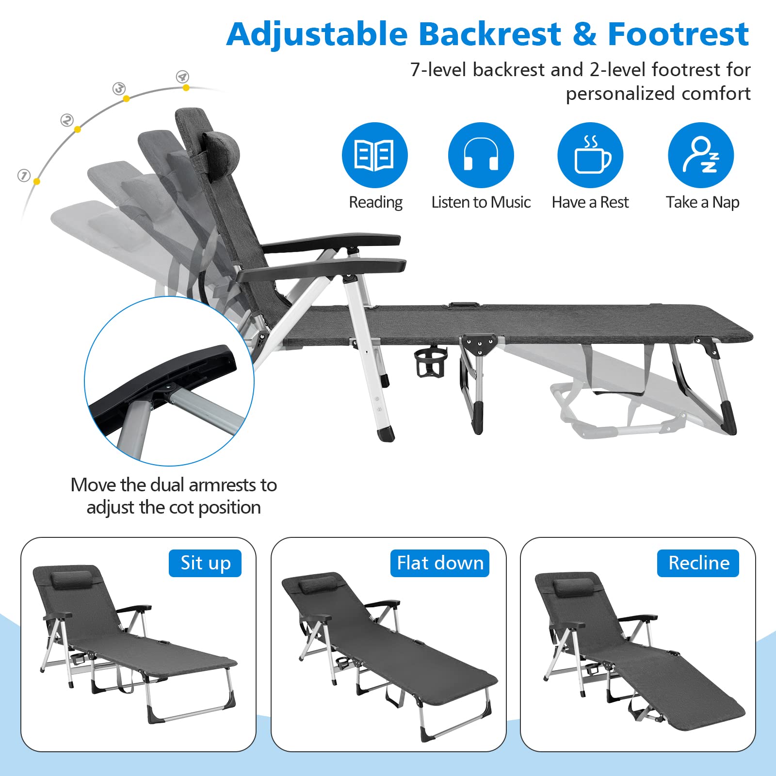 Tangkula Folding Chaise Lounge Chair, Adjustable 7-Position Recliner with Removable Headrest and Cup Holder, Holds 330LBS Weight Capacity, Portable Tri-fold Patio Lounger for Sunbathing (1, Grey)