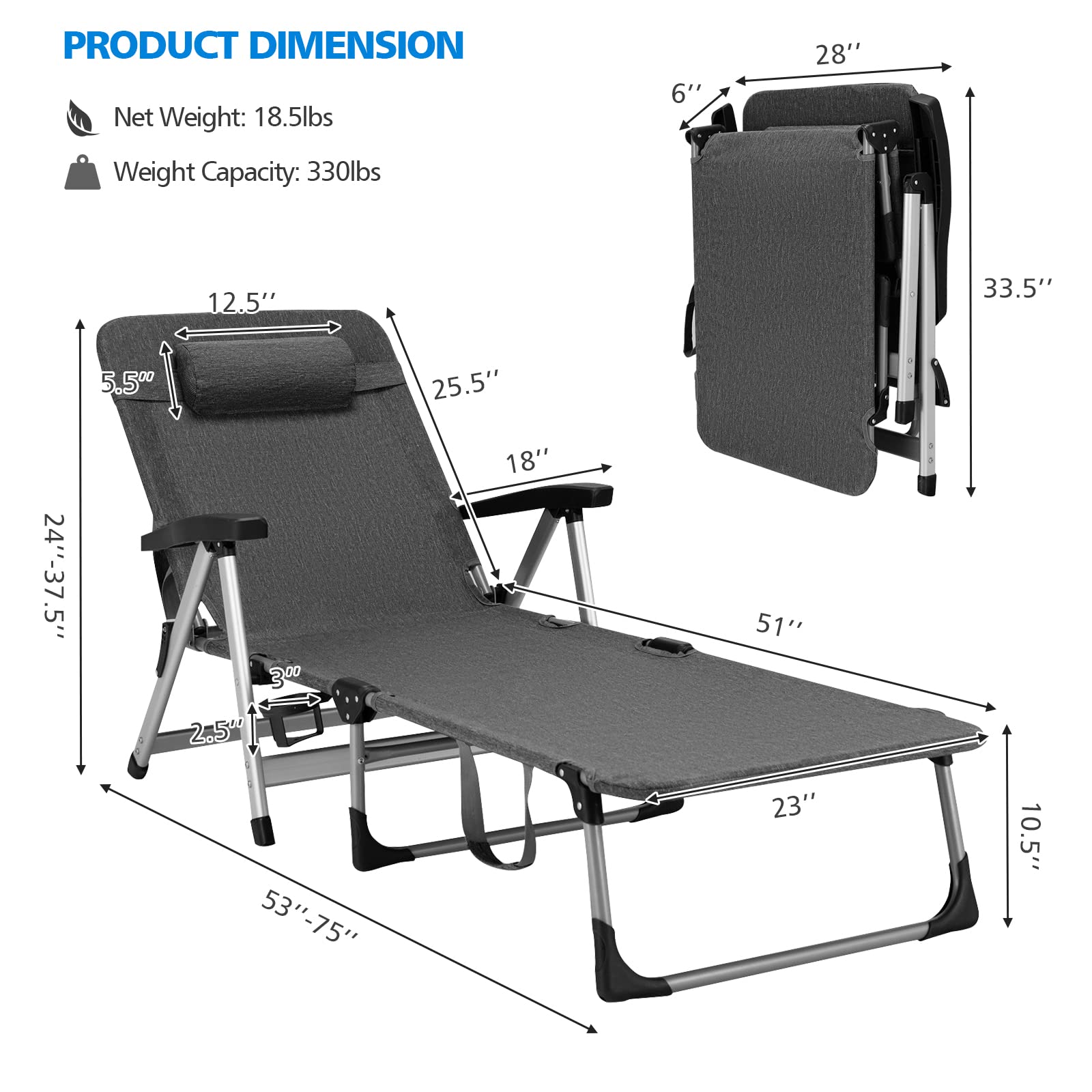 Tangkula Folding Chaise Lounge Chair, Adjustable 7-Position Recliner with Removable Headrest and Cup Holder, Holds 330LBS Weight Capacity, Portable Tri-fold Patio Lounger for Sunbathing (1, Grey)