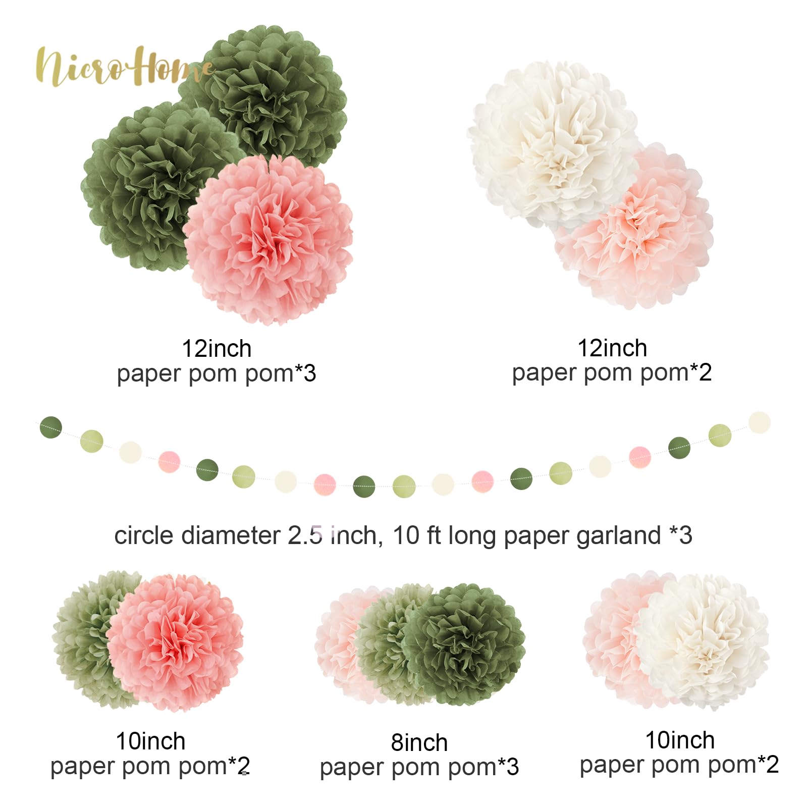 NICROHOME Birthday Party Decorations Set, 15PCS White Gold Champagne Tissue Paper Pom Poms, Dots Paper Garland String Hanging Backdrop for Wedding Graduation Baby Shower Happy New Years Eve Party